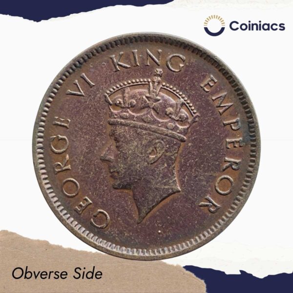 Scarce Quarter Anna George VI King Emperor 1940 Young Head (Head Type 1) Bombay Mint Bronze Coin, British India Uniform Coinage, Collectable. - Image 2