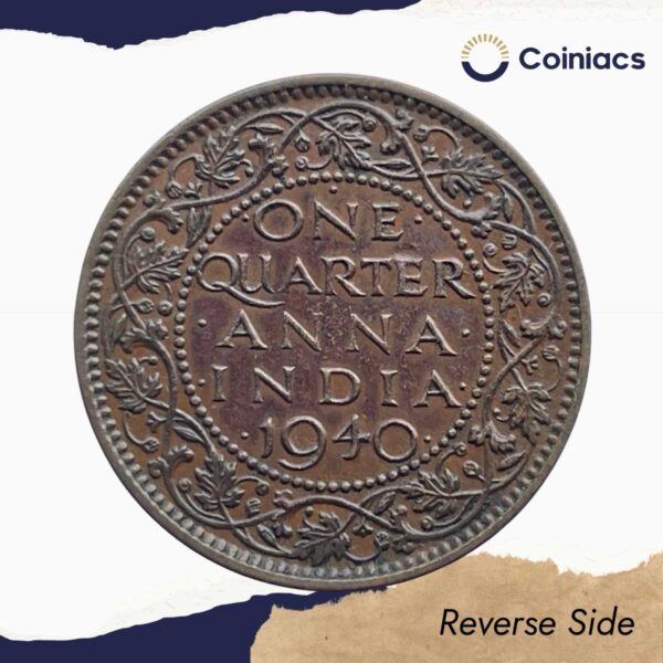 Scarce Quarter Anna George VI King Emperor 1940 Young Head (Head Type 1) Bombay Mint Bronze Coin, British India Uniform Coinage, Collectable. - Image 3