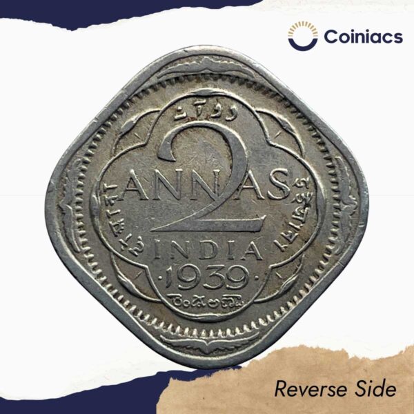 Scarce 2 Annas George VI King Emperor 1939 Mature Head (Head Type 2) Bombay Mint Copper-Nickel Coin, British India Uniform Coinage, Collectable. - Image 3