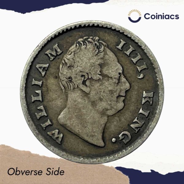 Rare 1/4 Rupee William IIII King 1835 CE (Obv A, Rev III) 18 Berries (10L +8R ) Calcutta Mint Silver coin, British India Uniform Coinage, Collectible. - Image 2