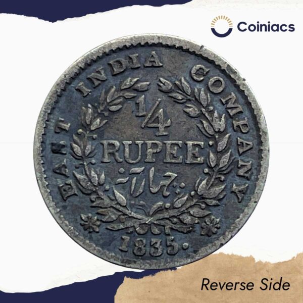Rare 1/4 Rupee William IIII King 1835 CE (Obv A, Rev III) 18 Berries (10L +8R ) Calcutta Mint Silver coin, British India Uniform Coinage, Collectible. - Image 3