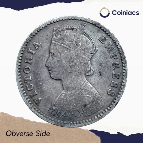 1/4 Rupee Victoria Empress 1877 Calcutta Mint (Obv B, Rev I) Silver Coin, British India Uniform Coinage, Collectable. - Image 2
