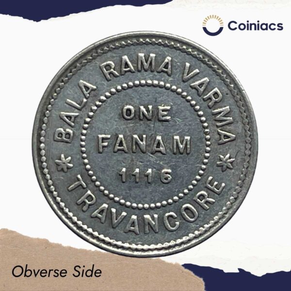 Rare One Fanam Bala Rama Varma 1116 Kollam Era (1941-42 CE) Silver old coin, Princely State of Travancore, Collectible. - Image 2