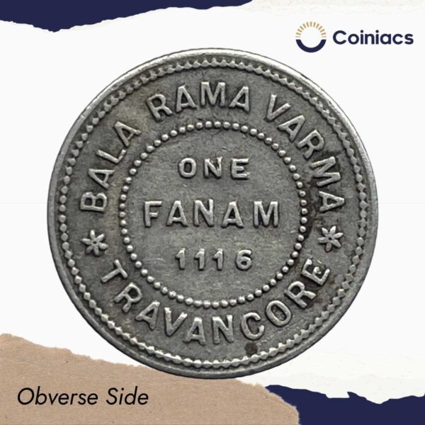 Rare One Fanam Bala Rama Varma 1116 Kollam Era (1941-42 CE) Silver old coin, Princely State of Travancore, Collectible. - Image 2