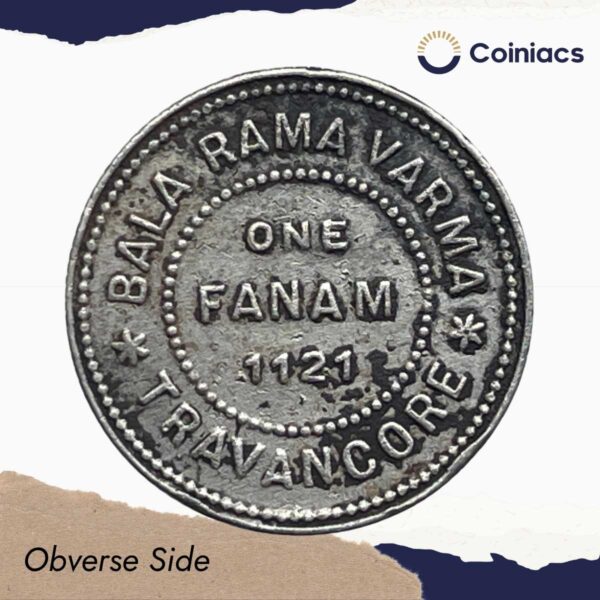 Rare One Fanam Bala Rama Varma 1121 Kollam Era (1946-47 CE) Silver old coin, Princely State of Travancore, Collectible. - Image 2