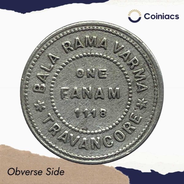 Rare One Fanam Bala Rama Varma 1118 Kollam Era (1943 CE) Silver old coin, Princely State of Travancore, Collectible. - Image 2