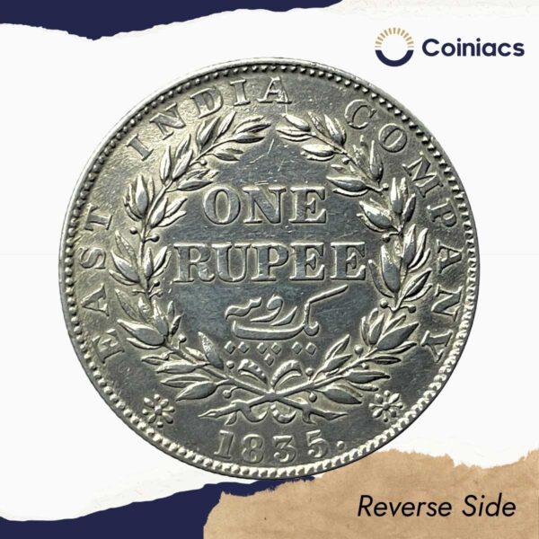 Rare One Rupee William IIII King 1835 'F' Incused (Obv- A, Rev-II) 19 Berries Calcutta Mint Silver Coin, British India Uniform Coinage, Collectible. - Image 3