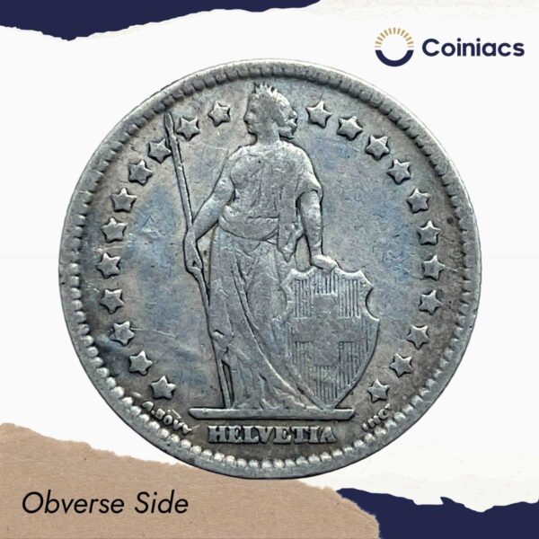 1 Franc Helvetia standing 1919 Switzerland Mint Silver Old Coin, Switzerland, Collectible. - Image 2