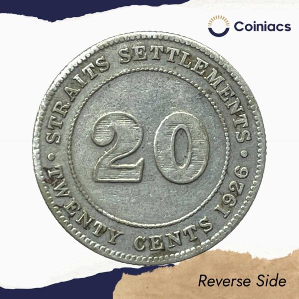 20 Cents George V 1920 CE Silver Coin, Straits Settlements (British Malaysia), Collectible. - Image 3