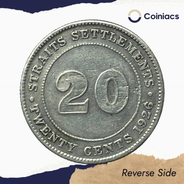 20 Cents George V 1926 CE Silver Coin, Straits Settlements (British Malaysia), Collectible. - Image 3