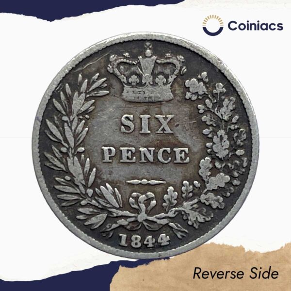 6 Pence Victoria (1st portrait) 1844 CE Silver Coin, United Kingdom, Collectible. - Image 3