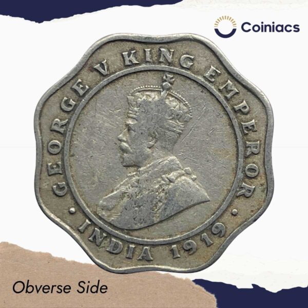 Scarce 4 Annas George V King Emperor 1919 Cupro-Nickel Coin, British India Uniform Coinage, Collectible. - Image 2