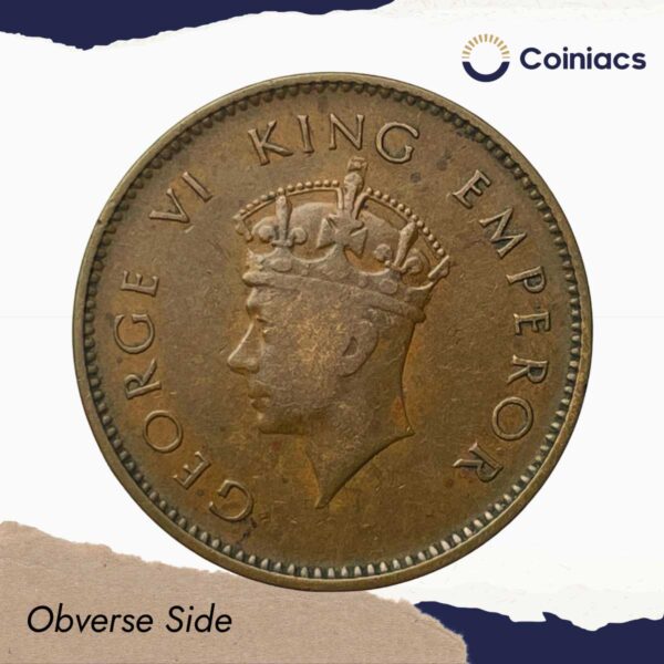 One Quarter Anna George VI King Emperor (Head I) 1938 Bronze Coin, British India Uniform Coinage, Collectible. - Image 2