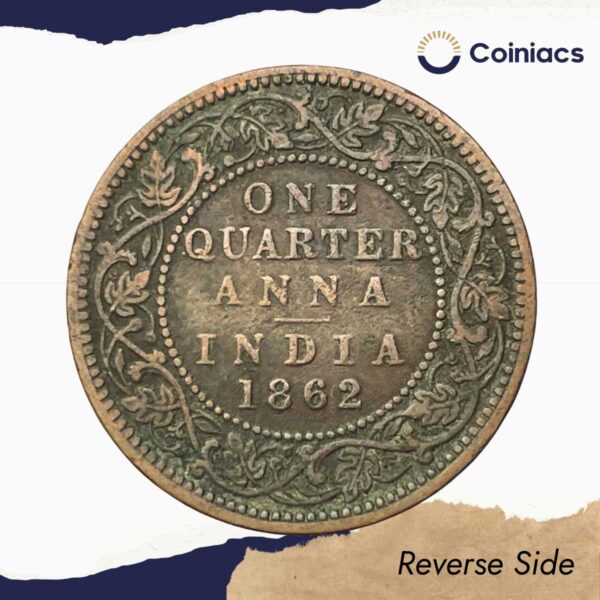 Quarter Anna Victoria Queen 1862 Copper Coin, British India Uniform Coinage, Collectible. - Image 3