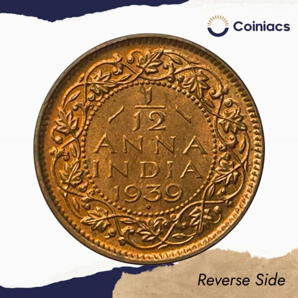 Scarce 1/12 Anna George VI King Emperor 1939 Mature Head (Head Type 2) Bombay Mint Bronze Coin, British India Uniform Coinage, UNC. - Image 3