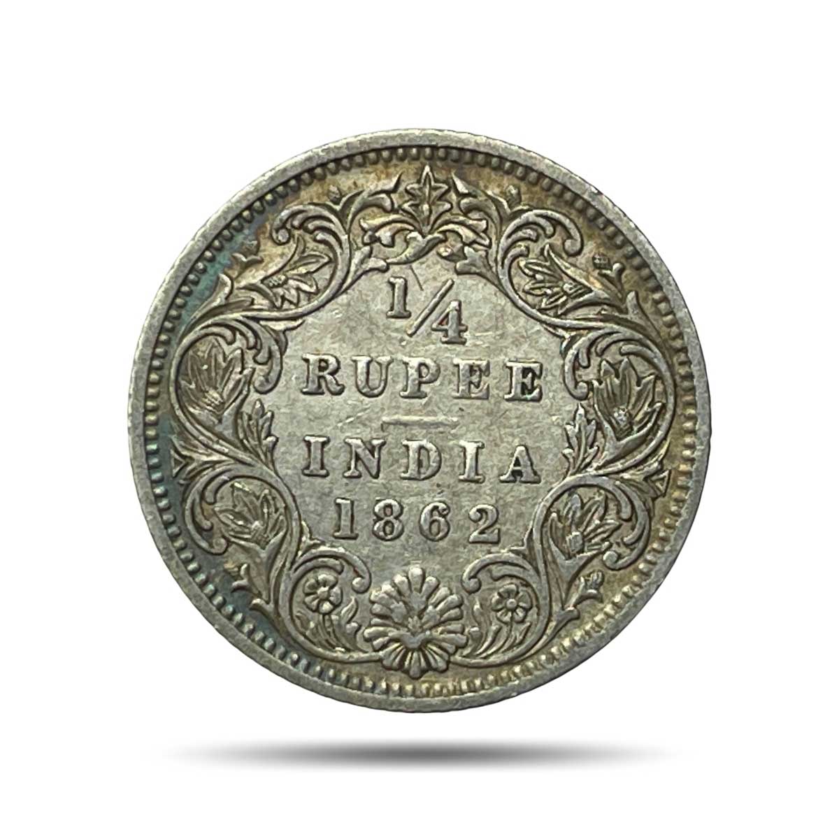 1/4 Rupee Victoria Queen 1862 (Obv A, Rev I) Silver Coin, British India Uniform Coinage, Collectable.