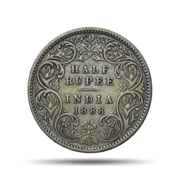 Rare Half Rupee Victoria Empress 1888 Calcutta Mint 'C' incuse (Obv-A, Rev-I) Silver Coin, British India Uniform Coinage, Collectible.