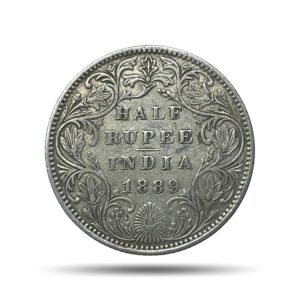 Rare Half Rupee Victoria Empress 1889 Bombay Mint 'B' Raised ( Obv-A, Rev-II(i) ) Silver Coin, British India Uniform Coinage, Collectible.