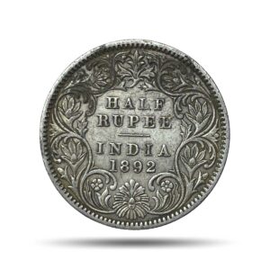 Rare Half Rupee Victoria Empress 1892 Calcutta Mint 'C' incuse (Obv-A, Rev-I) Silver Coin, British India Uniform Coinage, Collectible.