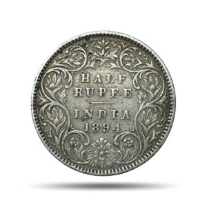 Rare Half Rupee Victoria Empress 1894 Bombay Mint 'B' Incused ( Obv-A, Rev-I) Silver Coin, British India Uniform Coinage, Collectible.