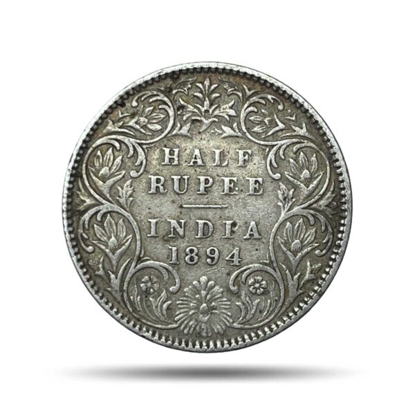 Rare Half Rupee Victoria Empress 1894 Bombay Mint 'B' Incused ( Obv-A, Rev-I) Silver Coin, British India Uniform Coinage, Collectible.