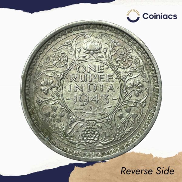 Scarce One Rupee George VI King Emperor 1943 Bombay Mint Silver Coin, British India Uniform Coinage, Collectible. - Image 3