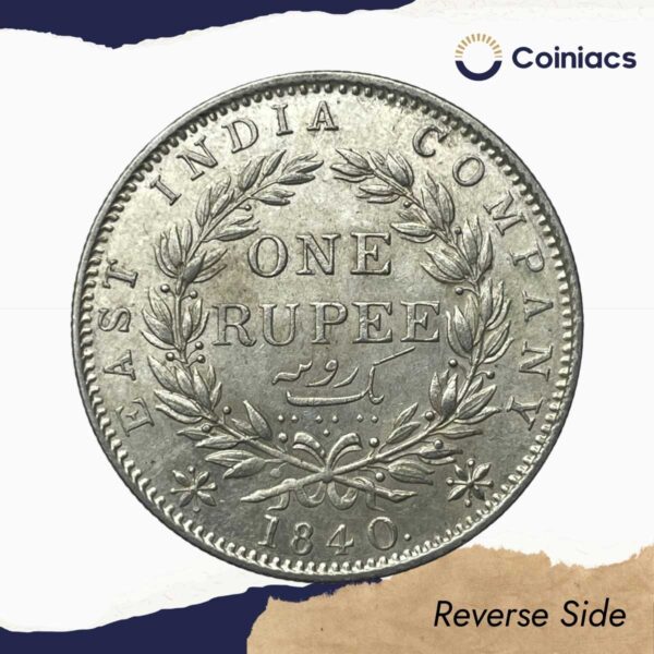 UNC Scarce One Rupee Victoria Queen 1840 Continuous Legend Silver Coin, British India Uniform Coinage, UNC. - Image 3