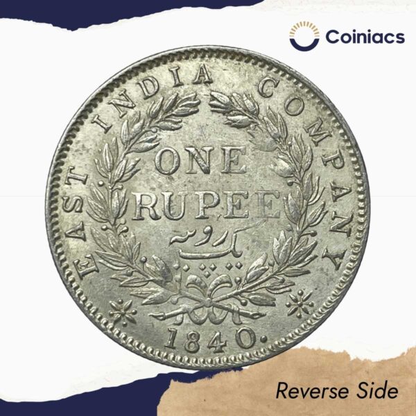UNC Scarce One Rupee Victoria Queen 1840 Continuous Legend Silver Coin, British India Uniform Coinage, UNC. - Image 3
