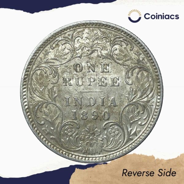 One Rupee Victoria Empress 1890 Bombay Mint 'B' incuse (Obv-C2, Rev-I ) Silver Coin, British India Uniform Coinage, Collectible. - Image 3