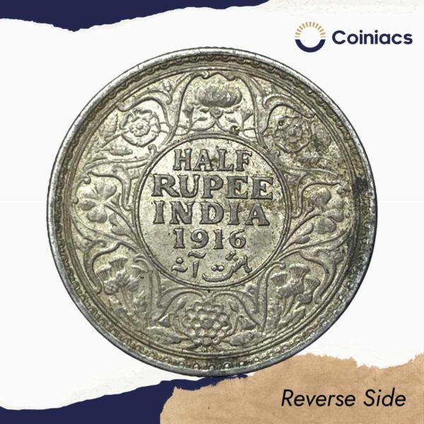 Half Rupee George V King Emperor 1916 Bombay Mint Silver Coin, British India Uniform Coinage, Collectible. - Image 3