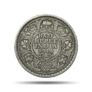 Half Rupee George V King Emperor 1914 Bombay Mint Silver Coin, British India Uniform Coinage, Collectible.