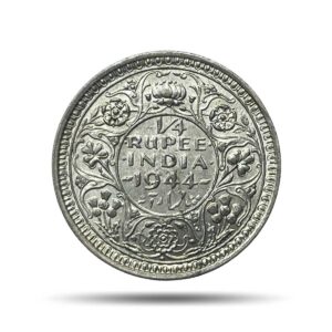 1/4 Rupee George VI King Emperor 1944 Bombay Mint Silver Coin, British India Uniform Coinage, UNC.