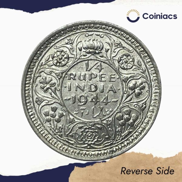 1/4 Rupee George VI King Emperor 1944 Bombay Mint Silver Coin, British India Uniform Coinage, UNC. - Image 3