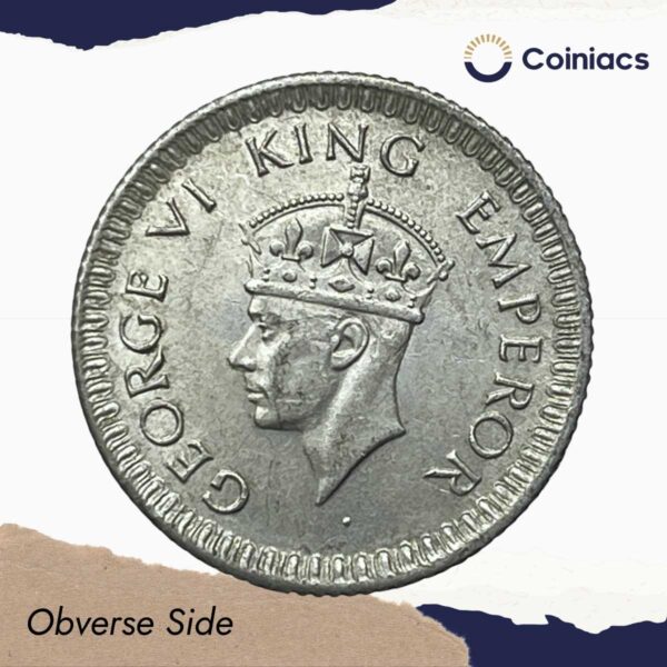 1/4 Rupee George VI King Emperor 1943 Calcutta Mint Silver Coin, British India Uniform Coinage, UNC. - Image 2