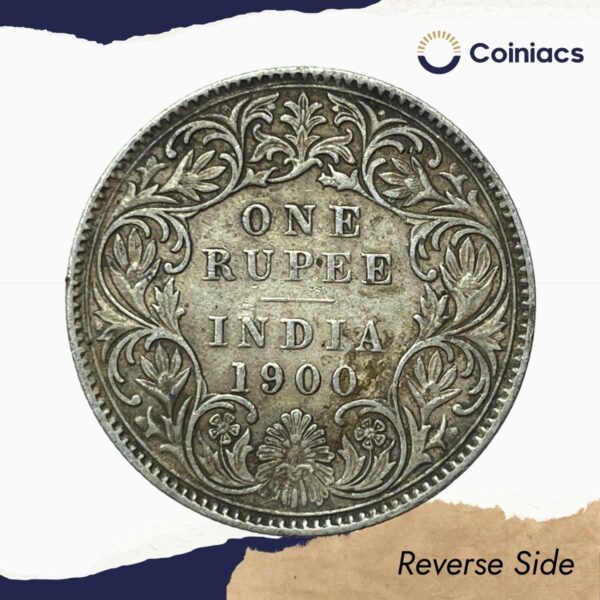 One Rupee Victoria Empress 1900 Calcutta Mint 'C' incuse (Obv C3, Rev I(i) ) Silver Coin, British India Uniform Coinage, Collectible. - Image 3