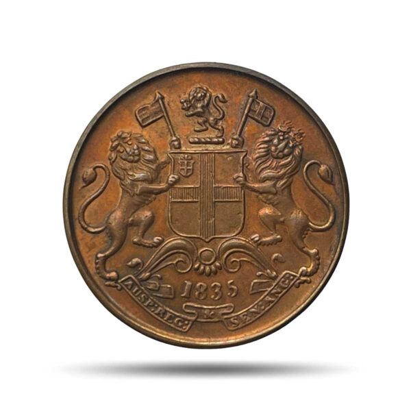 Scarce One Quarter Anna East India Company 1835 Madras Mint 24 Berries (Obv B, Rev V) Copper Coin, British India Uniform Coinage, XF+.