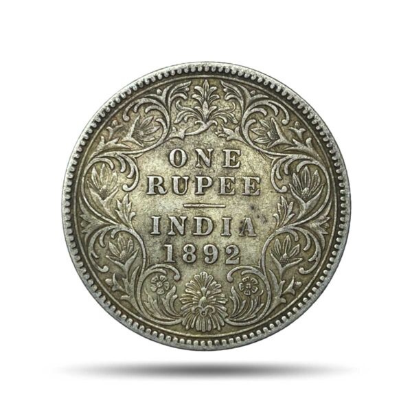 One Rupee Victoria Empress 1892 Calcutta Mint 'C' Incuse (Obv C3, Rev I) Silver Coin, British India Uniform Coinage, Collectible.