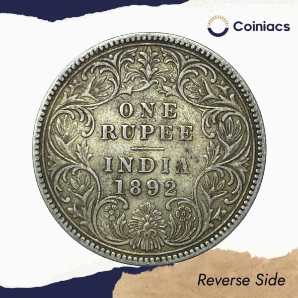One Rupee Victoria Empress 1892 Calcutta Mint 'C' Incuse (Obv C3, Rev I) Silver Coin, British India Uniform Coinage, Collectible. - Image 3