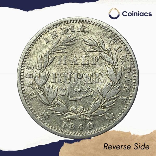 Scarce Half Rupee Victoria Queen Divided Legend 1840 CE .W.W Incused 24 Berries Silver coin, British India Uniform Coinage, Fine - Image 3