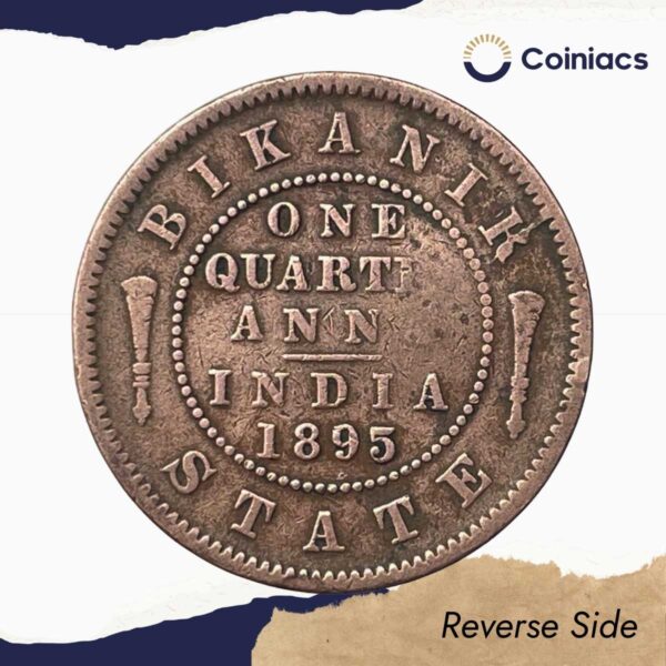 One Quarter Anna Victoria Empress (Ganga Singh) 1895 Copper Coin, Princely State of Bikanir, Collectible. - Image 3
