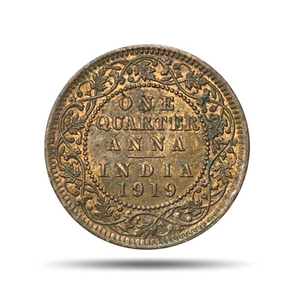Quarter Anna George V King Emperor 1919 Calcutta Mint Bronze Coin, British India Uniform Coinage, XF+.