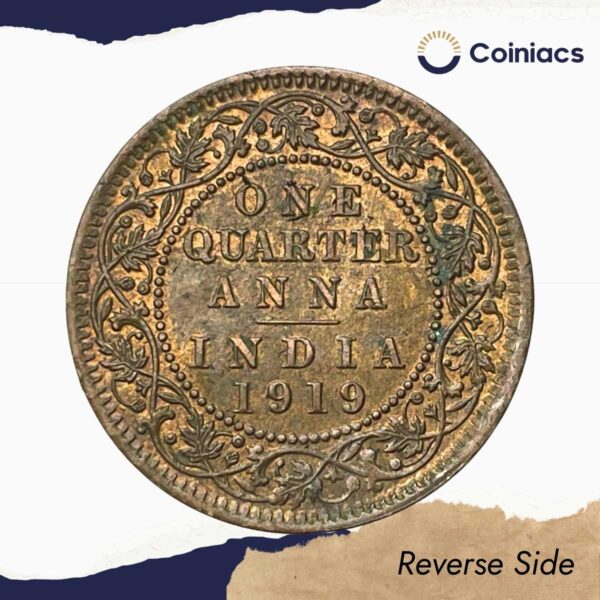 Quarter Anna George V King Emperor 1919 Calcutta Mint Bronze Coin, British India Uniform Coinage, XF+. - Image 3