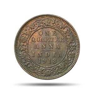 Quarter Anna George V King Emperor 1918 Calcutta Mint Bronze Coin, British India Uniform Coinage, XF+.
