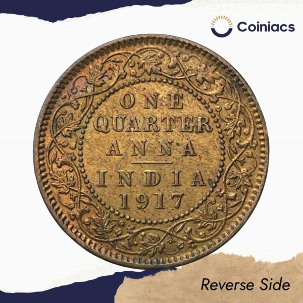 Quarter Anna George V King Emperor 1917 Calcutta Mint Bronze Coin, British India Uniform Coinage, XF+. - Image 3