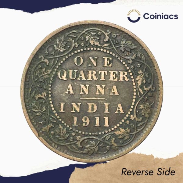 Quarter Anna George V King Emperor 1911 Calcutta Mint Bronze Coin, British India Uniform Coinage, Collectible. - Image 3
