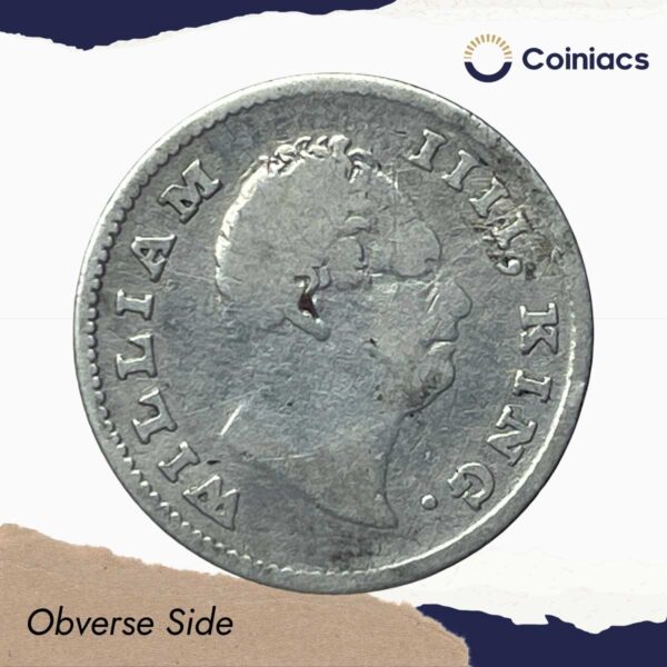 Scarce 1/4 Rupee William IIII King 1835 CE (Obv A, Rev II) 19 Berries (10L +9R ) Calcutta Mint Silver coin, British India Uniform Coinage, Collectible. - Image 2