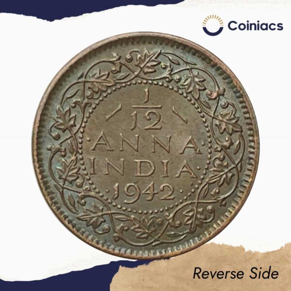 1/12 Anna George VI King & Emperor Scarce 1942 (Key Date) Bombay Mint Bronze Coin, British India Uniform Coinage, UNC. - Image 3