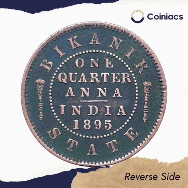 One Quarter Anna Victoria Empress (Ganga Singh) 1895 Copper Coin, Princely State of Bikanir, Collectible. - Image 3