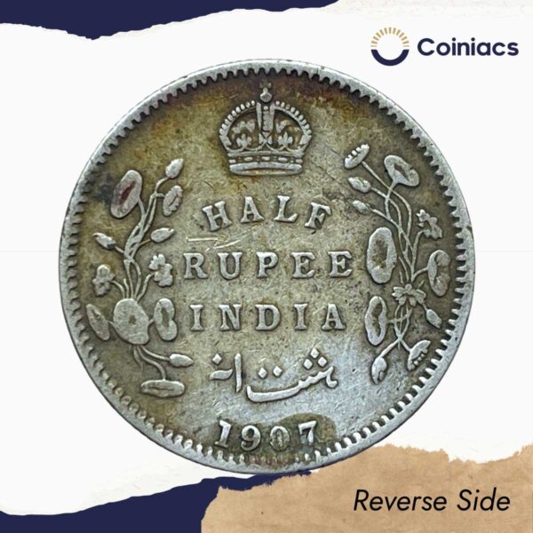 Scarce Half Rupee Edward VII 1907 Calcutta Mint Silver Coin, British India Uniform Coinage, Collectible. - Image 3