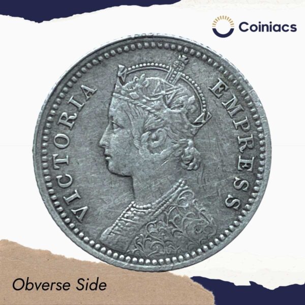 1/4 Rupee Victoria Empress 1888 Calcutta Mint (Obv C, Rev II) Silver Coin, British India Uniform Coinage, Collectable. - Image 2